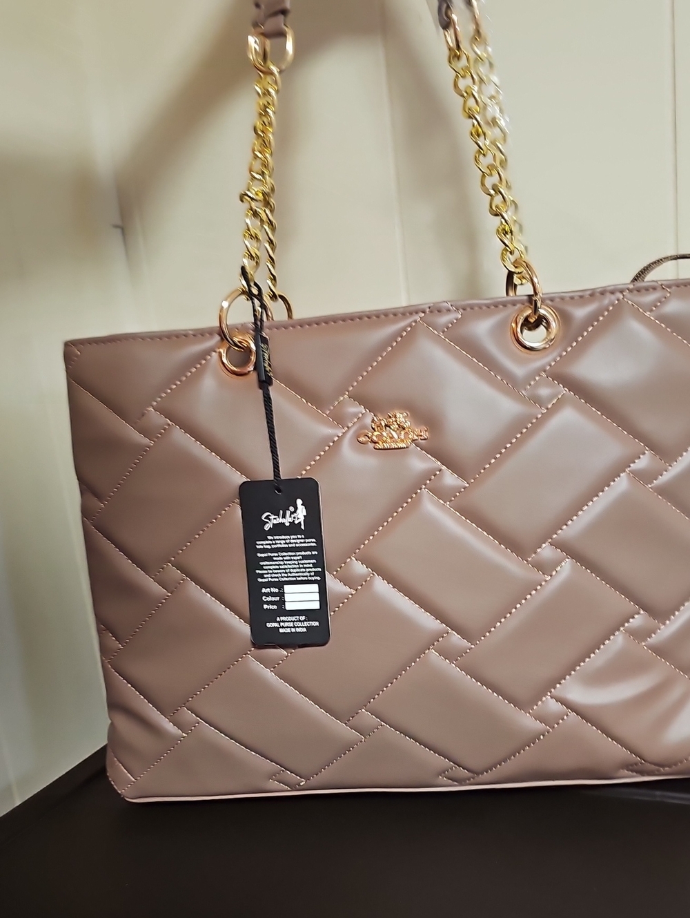 Quilted Taupe Tote with Gold Chain Handles by Coach